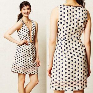 ANTHROPOLOGIE Pois Flared Dress Sleeveless Cotton Cream Navy Polka Dot